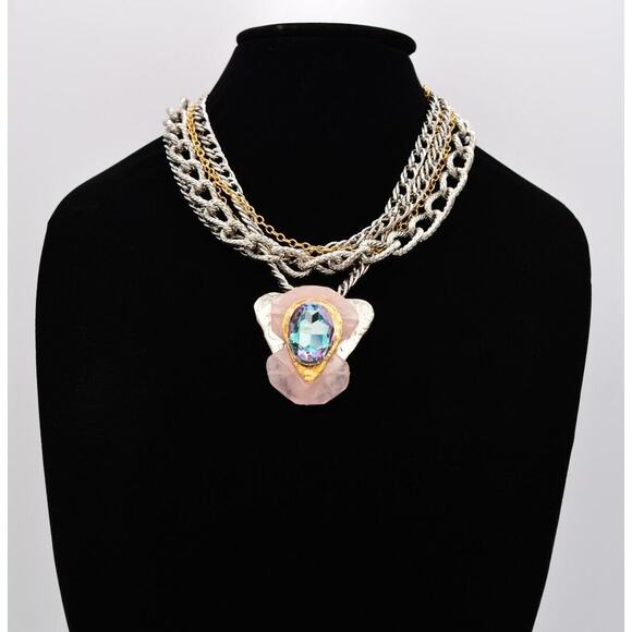 J. Jansen Brutalist Statement Necklace Crystal Pink Stone Chunky Signed Bin6A - Picture 2 of 12